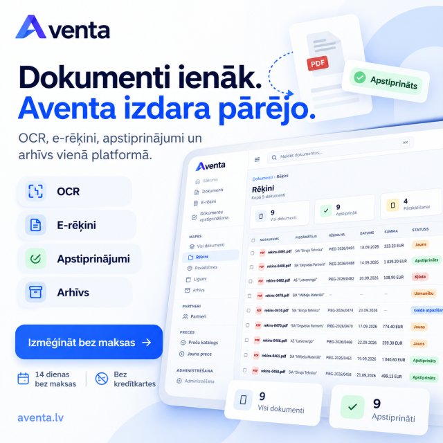 Aventa — OCR, e-rēķini, apstiprinājumi un arhīvs vienā platformā. Izmēģināt bez maksas 14 dienas.