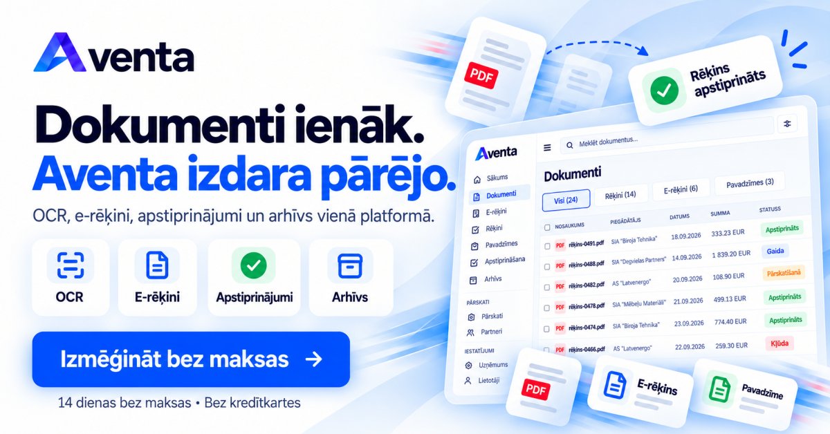 Aventa — OCR, e-rēķini, apstiprinājumi un arhīvs vienā platformā. Izmēģināt bez maksas 14 dienas.